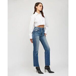 Mica Super Hi Rise Straight Leg Denim Jeans Mid-Wash Distressed Raw Hem Women 24